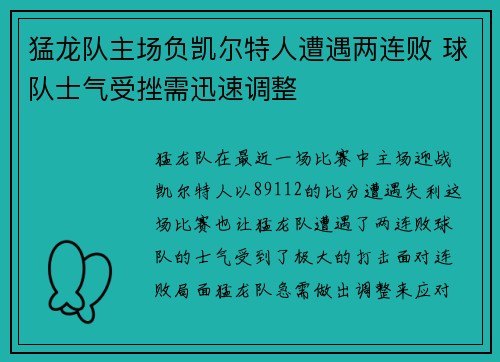 猛龙队主场负凯尔特人遭遇两连败 球队士气受挫需迅速调整