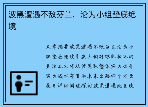 波黑遭遇不敌芬兰，沦为小组垫底绝境