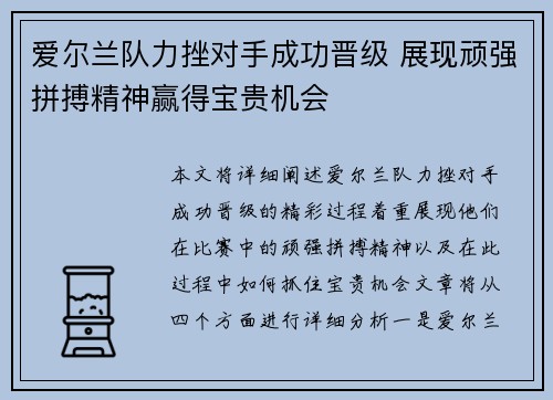 爱尔兰队力挫对手成功晋级 展现顽强拼搏精神赢得宝贵机会