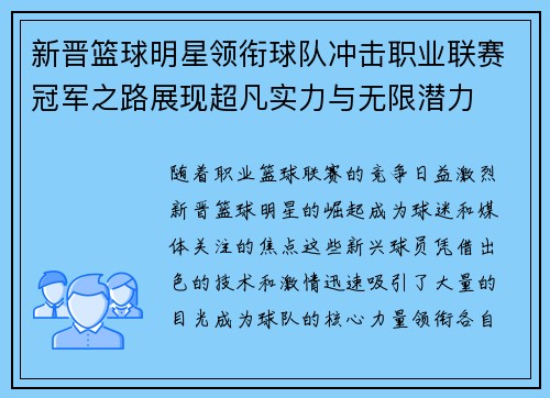 新晋篮球明星领衔球队冲击职业联赛冠军之路展现超凡实力与无限潜力