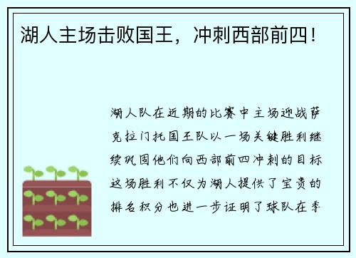 湖人主场击败国王，冲刺西部前四！