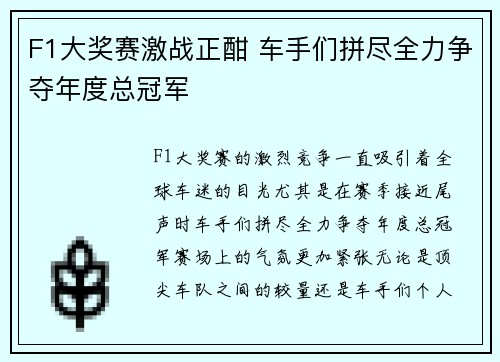 F1大奖赛激战正酣 车手们拼尽全力争夺年度总冠军