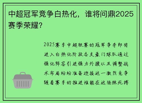 中超冠军竞争白热化，谁将问鼎2025赛季荣耀？